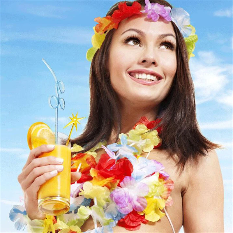 20-50 броя Хавайски венец, за украса на врати, изкуствена цветна гирлянда, вечерно колие с цветен модел, тропически плаж, рокля за парти на басейна3