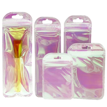 50 бр. прозрачни холографски пакет, плътен розов пластмасов само уплътняващи чанта, чанта с цип за бижута, аксесоари, опаковане на дисплея