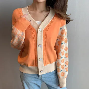 Crochet дамски жилетки в корейски стил с флорални принтом, V-образно деколте, без однобортный женски пуловер, жилетка 2023, всекидневни сладък тенденция