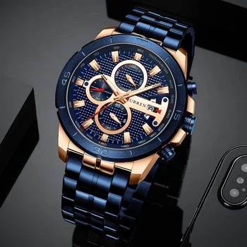 CURREN Бизнес мъжки часовник Луксозна марка Ръчни часовници е от неръждаема стомана хронограф Армейските военни кварцов часовник Relogio Masculino