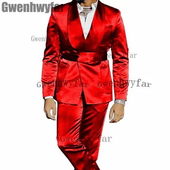 Gwenhwyfar Висококачествени Мъжки костюм от 2 теми, Сатен, Сватбен Смокинг, Вечерна рокля, Оборудвана Модерен Яке за банкет, Комплекти (Сако + панталон)