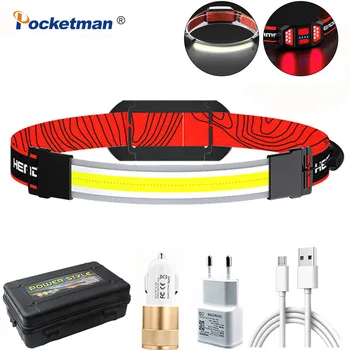 Led налобный фенер Pocketman COB бял/червен цвят, която се презарежда чрез USB, водоустойчив налобный фенер, налобный фенерче