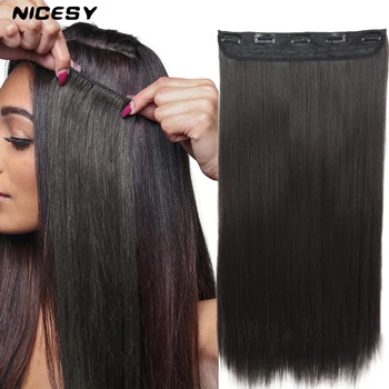 NICESY Синтетични черна дълга права коса за изграждане на заколках 22 инча, женски общи косата, 5 щипки, перука висока температура