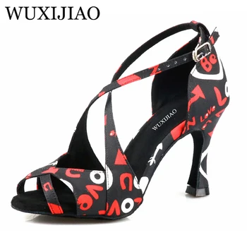 WUXIJIAO/ лидер на продажбите, женски обувки за латино танци с принтом, танцови обувки на национален стандарт, вечерни квадратни танцови обувки с мека подметка 9 см