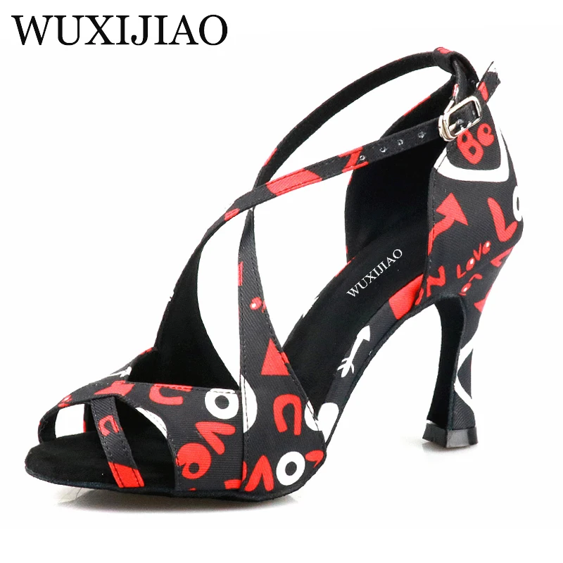 WUXIJIAO/ лидер на продажбите, женски обувки за латино танци с принтом, танцови обувки на национален стандарт, вечерни квадратни танцови обувки с мека подметка 9 см0