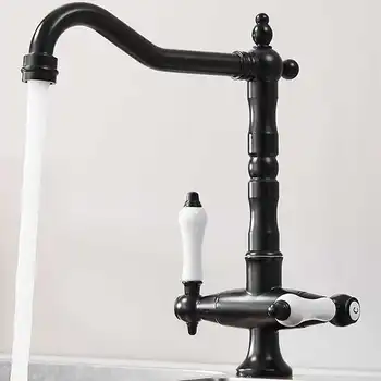 Античен месинг смесител за мивка с двойна дръжка и един дупка, европейски стил, смесителна батерия за топла и студена вода за банята, черно кран за мивка