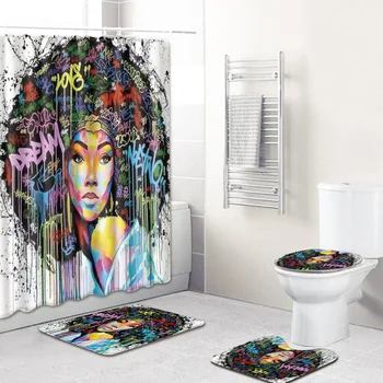 Африкански женски калъф за тоалетна с принтом, подложка за баня, душ завеса за душ, принадлежности за баня, нестандартен, цветни, комплект от 4 теми