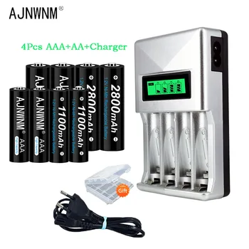 Батерия AJNWNM 1,2 НА AA, акумулаторна батерия 2800 ма + 1100 mah, акумулаторна батерия nimh 1.2 ААА, ААА със зарядно устройство за AA AAA