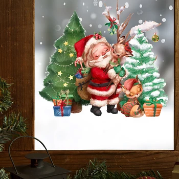Весела Коледна елха и подарък кутия на Дядо Коледа, стикери за стена за хол, спалня, стъклени прозорци, декоративни стикери за дома, етикети