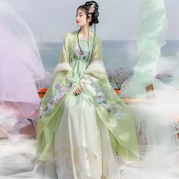Дамски дрехи, костюм за cosplay в стил Тан, китайците традиционната рокля Ханфу, зелена рокля с бродерия на цветя, национално рокля Ханфу