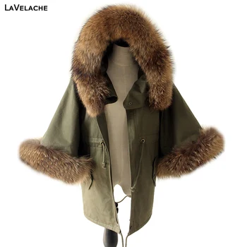 Дамско зимно палто, яке с голям кожа яка от миеща мечка, армейское зелено ежедневното палто, наметало с изгорени ръкави, връхни дрехи с памучна подплата