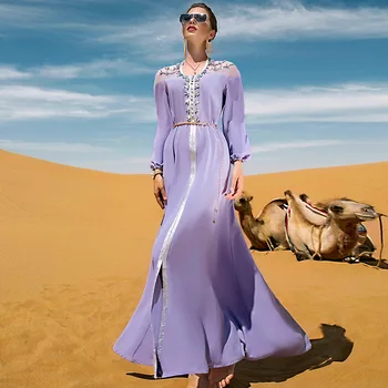 Дамско пролетно-лятно мюсюлманската модно лилава рокля с водни диаманти в стил феи в Дубай, чувствено рокля с колан