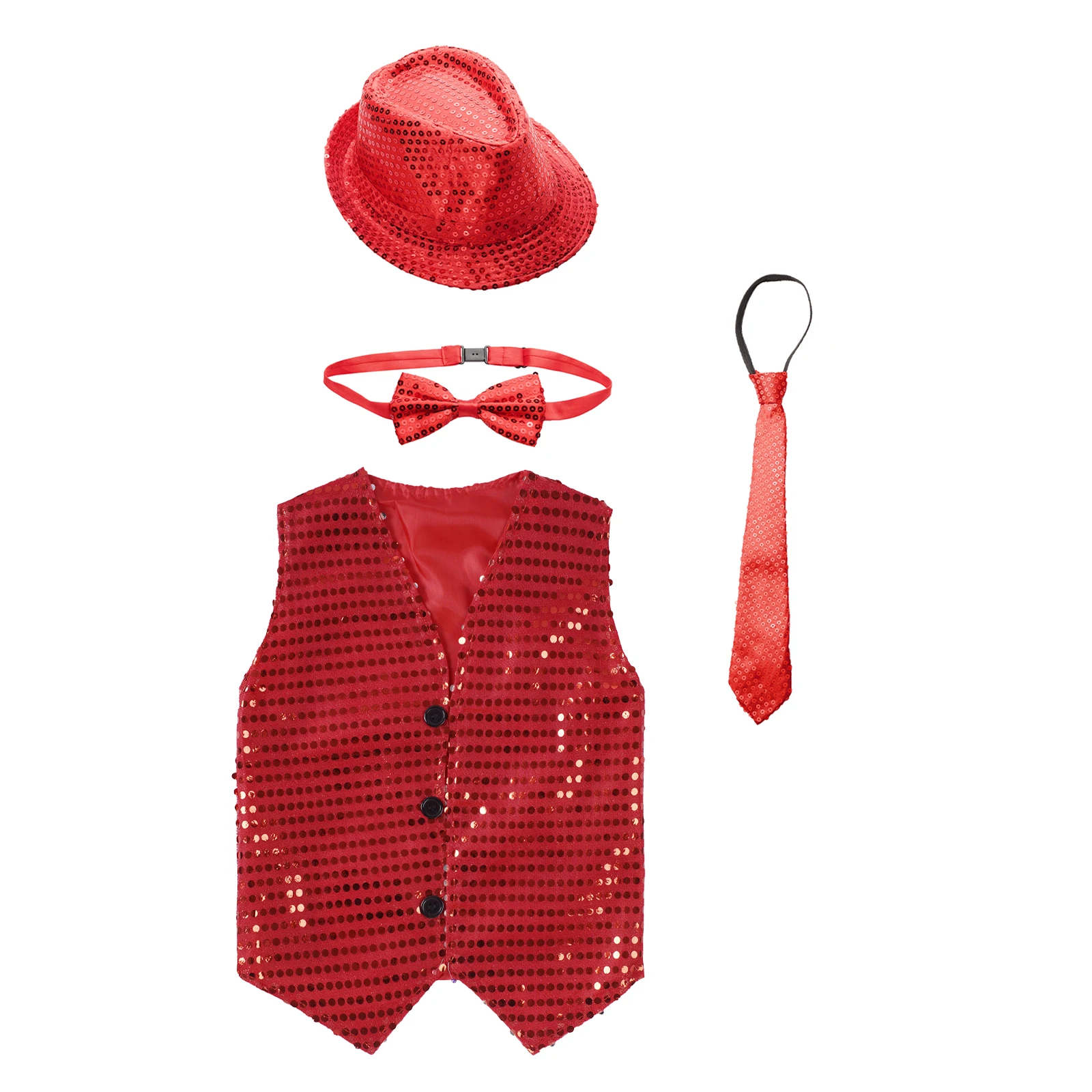 Детски костюм за джаз танци за момчета, облекла в стил хип-хоп, жилетка с V-образно деколте и копчета, расшитый пайети, с шапка и папийонка2