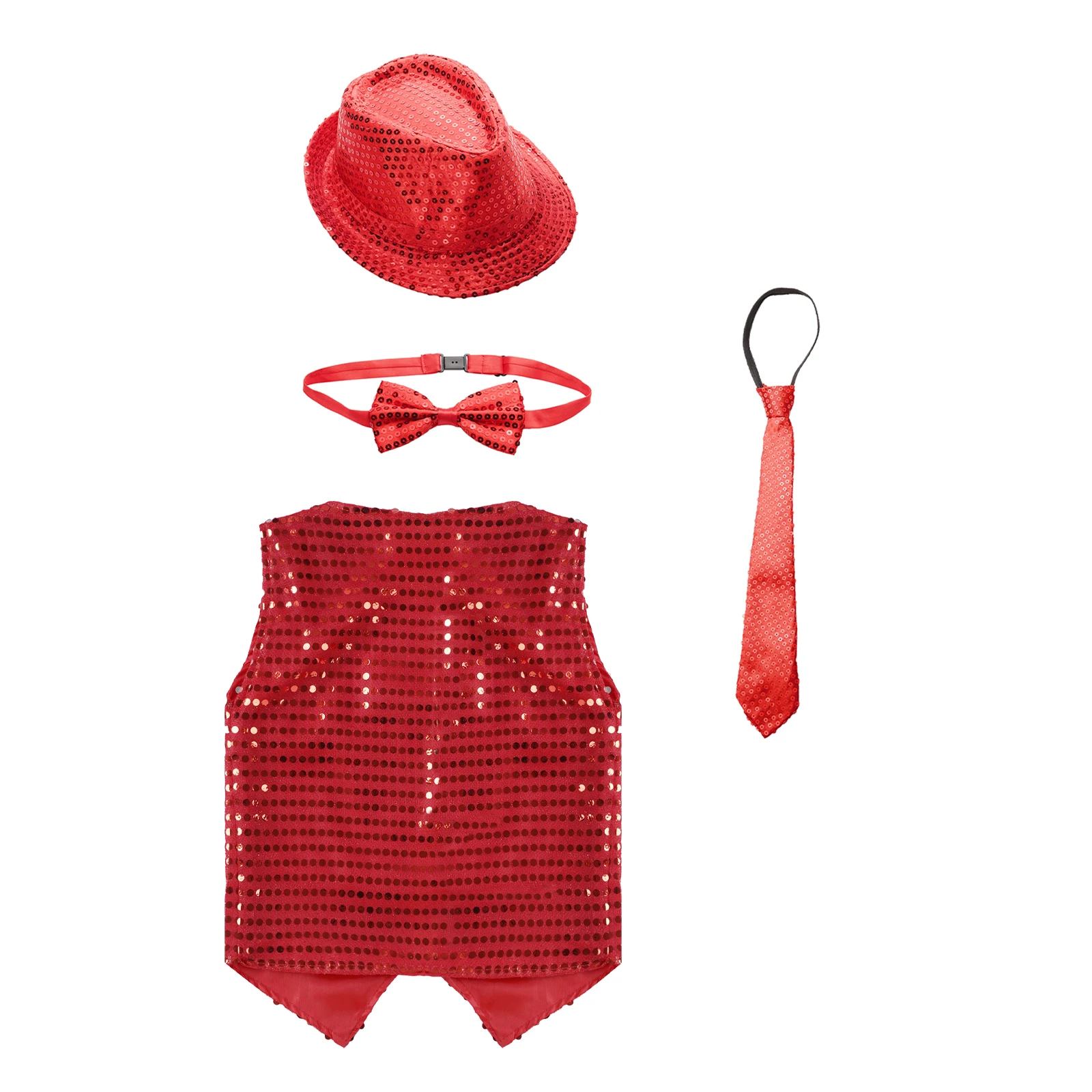 Детски костюм за джаз танци за момчета, облекла в стил хип-хоп, жилетка с V-образно деколте и копчета, расшитый пайети, с шапка и папийонка3
