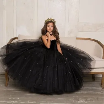 Елегантна черна бебешка рокля с дължина до пода, за парти в чест на рождения ден на принцесата, рокли за момичета в цветенце трапецовидна форма с перли