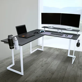 Игрална маса Sport Warrior L-образна форма, маса за обучение в компютърния офис, бял / черен [US-W]