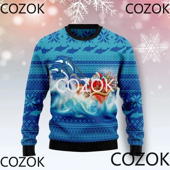 Коледен пуловер с делфина, блузи с 3D принтом за мъже и жени, пуловери, блузи в стил унисекс харадзюку