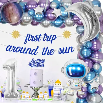 Космически украса на 1-ви рожден ден за момчета, Първото пътешествие около Слънцето, банер, topper за торта, Венец балони на 