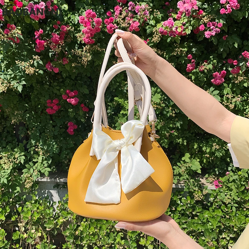 Лятна текстура малка прясна чанта нов копринен шал с лък дамски дизайнерски модерна чанта-месинджър с едно рамо1