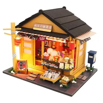 Моделът мебели за дървени магазин, монтаж със собствените си ръце, миниатюрни led японски магазин за хранителни стоки, модел куклена къща, детска играчка ръчна изработка, подаръци за деца