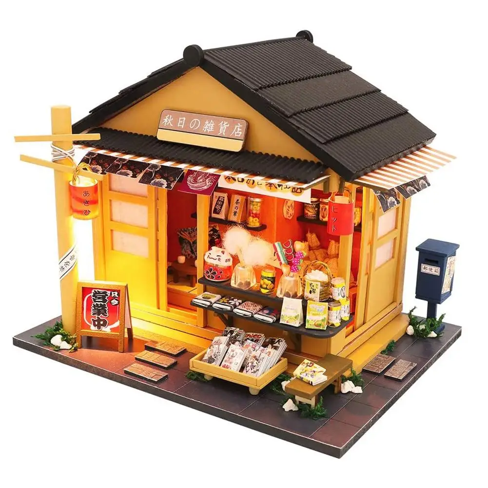 Моделът мебели за дървени магазин, монтаж със собствените си ръце, миниатюрни led японски магазин за хранителни стоки, модел куклена къща, детска играчка ръчна изработка, подаръци за деца0