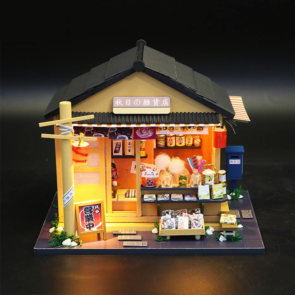 Моделът мебели за дървени магазин, монтаж със собствените си ръце, миниатюрни led японски магазин за хранителни стоки, модел куклена къща, детска играчка ръчна изработка, подаръци за деца1