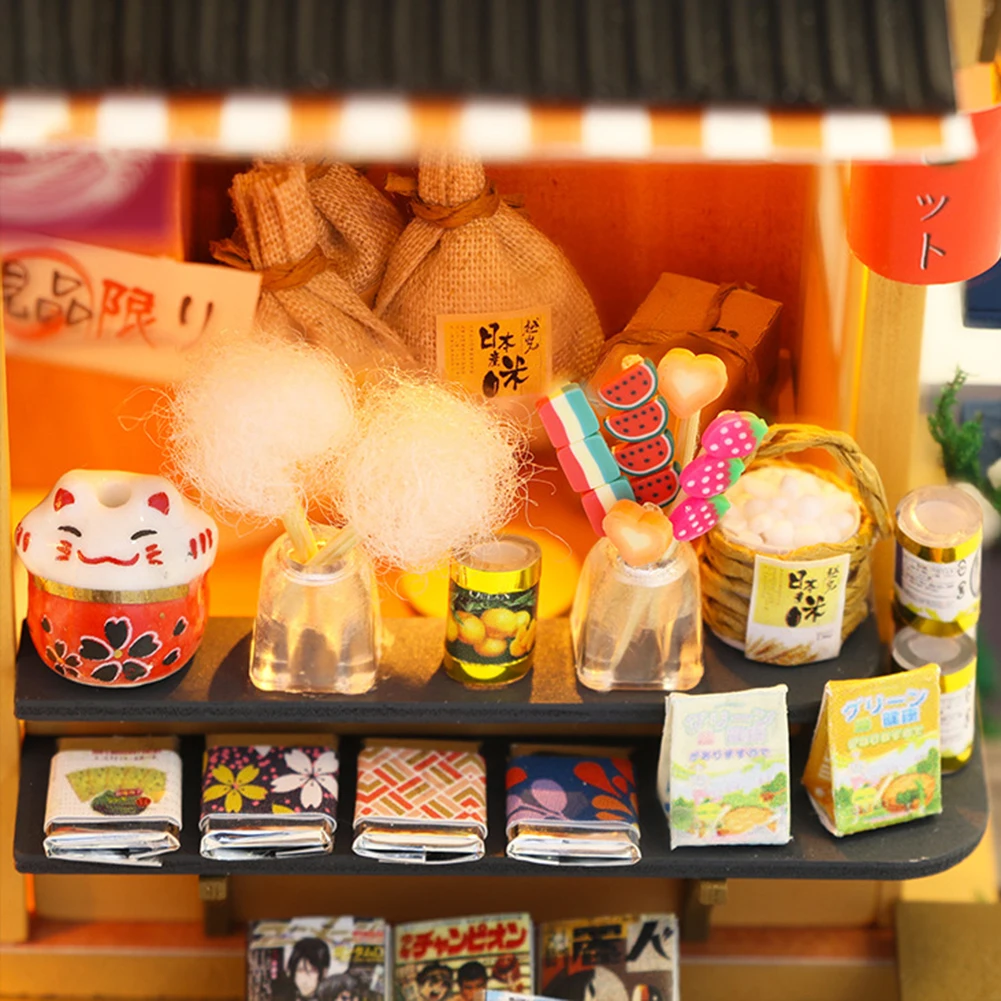 Моделът мебели за дървени магазин, монтаж със собствените си ръце, миниатюрни led японски магазин за хранителни стоки, модел куклена къща, детска играчка ръчна изработка, подаръци за деца2