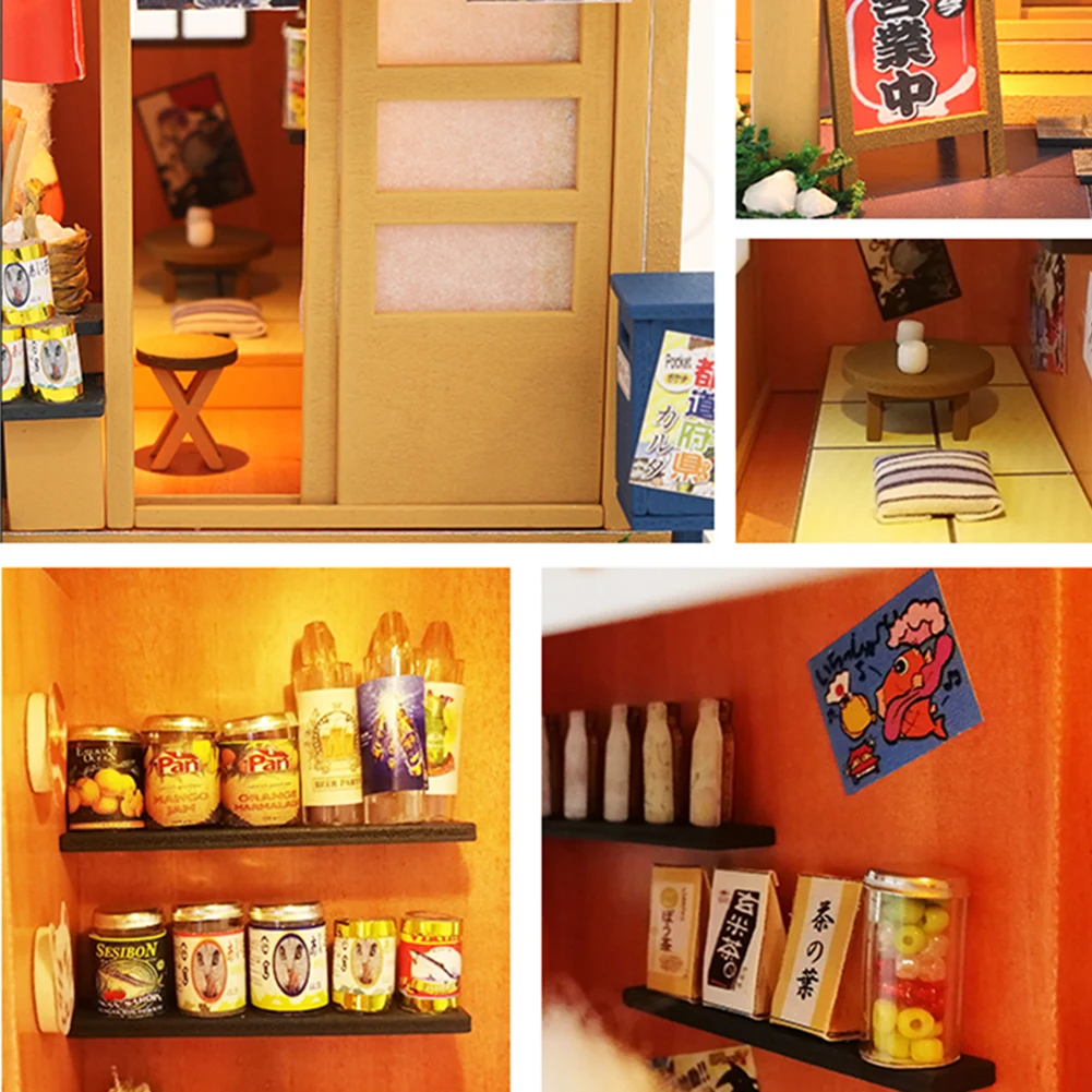 Моделът мебели за дървени магазин, монтаж със собствените си ръце, миниатюрни led японски магазин за хранителни стоки, модел куклена къща, детска играчка ръчна изработка, подаръци за деца4
