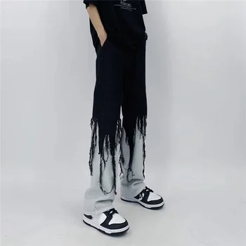 Мъжки дънки High Street в стил хип-хоп в контрастен цвят с пискюли, свободна модерен японска градинска облекло, безплатна ежедневна тъмно облекло в стил хипи, мозайка