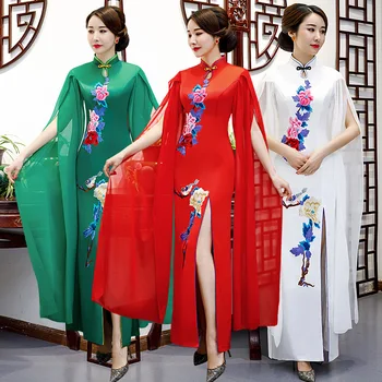 Новост, нова наметало с бродерия в китайски стил, сценично шоу Рокли, сватбена рокля за партита, женствена рокля с яка-часова Qipao