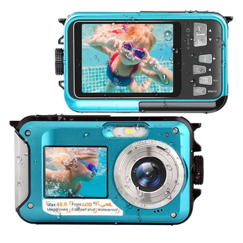 Подводни цифров фотоапарат 3 М Водоустойчив преносима камера с двоен дисплей, видео 2,7 К, снимка 48 Mp, водоустойчива камера, видео камера