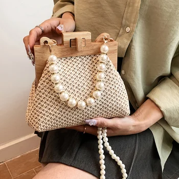 Ракита сламена чанта през рамо за жени 2023 Лятна дървена чанта с клип на горната част на дръжката на Луксозни дизайнерски чанти Тенденция женствена чанта