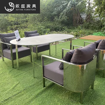 Уличен маса и стол от неръждаема стомана, водоустойчив проста модерна комбинация маси за отдих на открито в хола