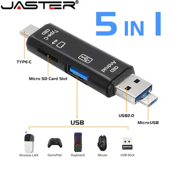 Устройство за четене на мини-карти JASTER Type-C/Стандартен USB 3.0/USB Micro/TF Card, Ново Многофункционално устройство за четене на карти 5 в 1, бяло, Еластично, за PC