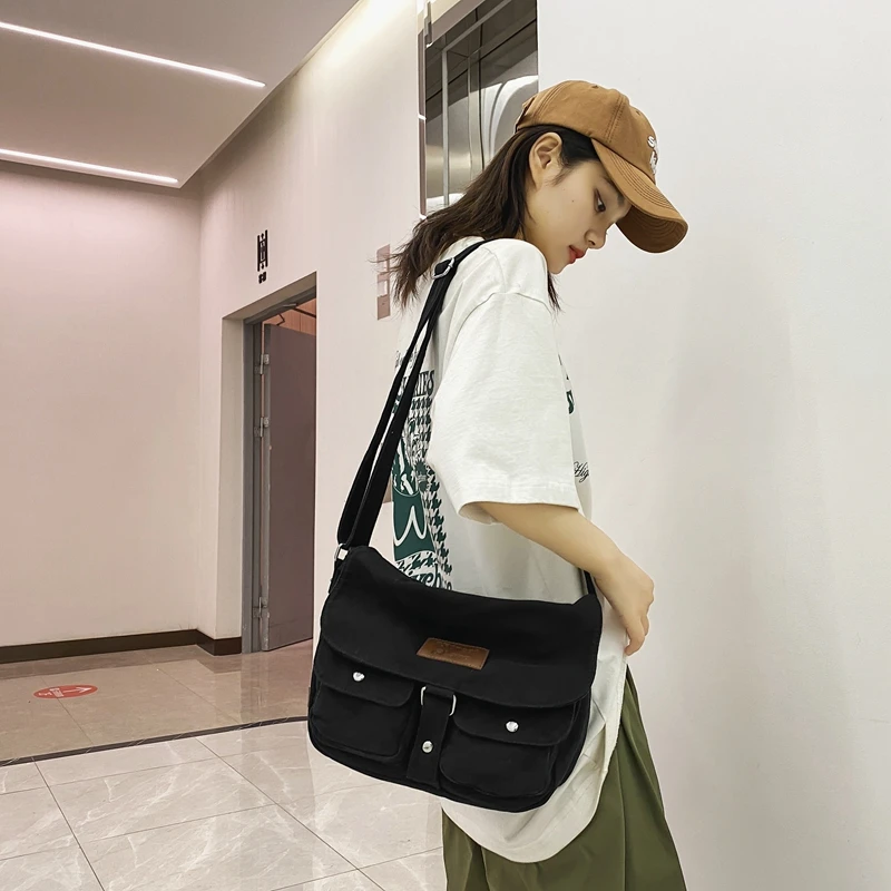 Холщовая дамска чанта с капак, по-голямата голям чанта-месинджър Y2K, чанта през рамо, еко-чанта, корея, чанта за пазаруване, чанти за колички, унисекс0