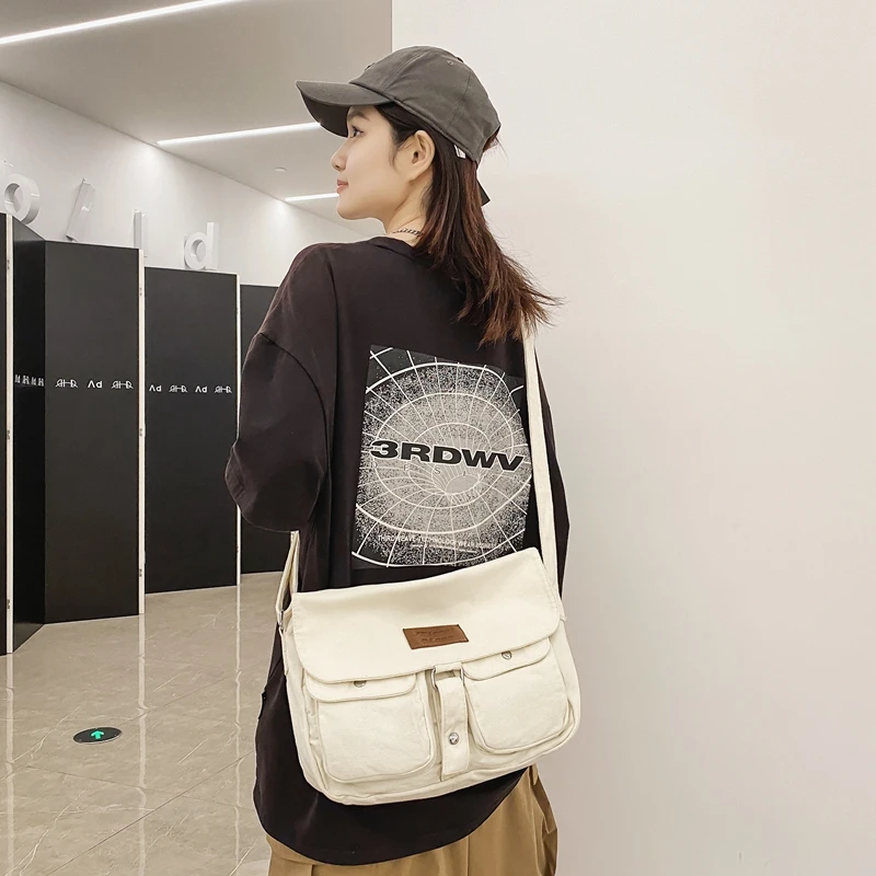 Холщовая дамска чанта с капак, по-голямата голям чанта-месинджър Y2K, чанта през рамо, еко-чанта, корея, чанта за пазаруване, чанти за колички, унисекс1